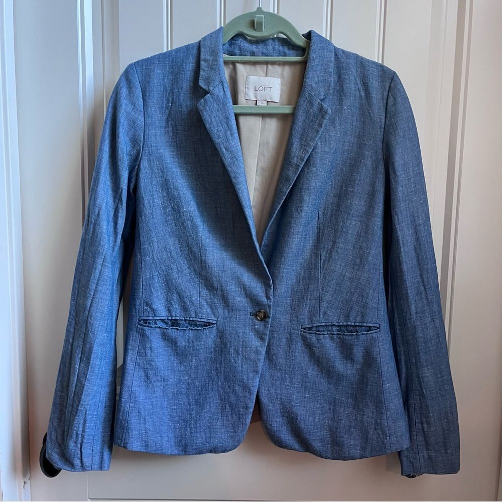 LOFT blue chambray linen-blend blazer size 0